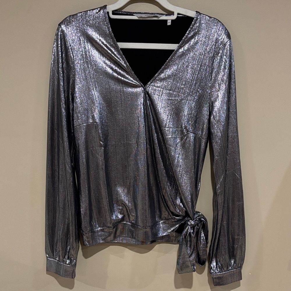 Anthropologie Silver Metallic Wrap Long-Sleeve Top